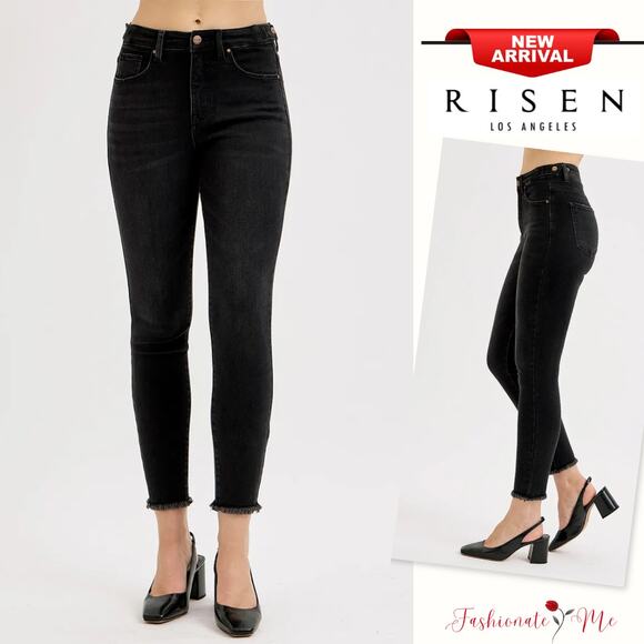 RISEN Tummy Control High Rise Adjustable Waist Raw Hem Black Skinny Denim Jeans - Picture 1 of 7